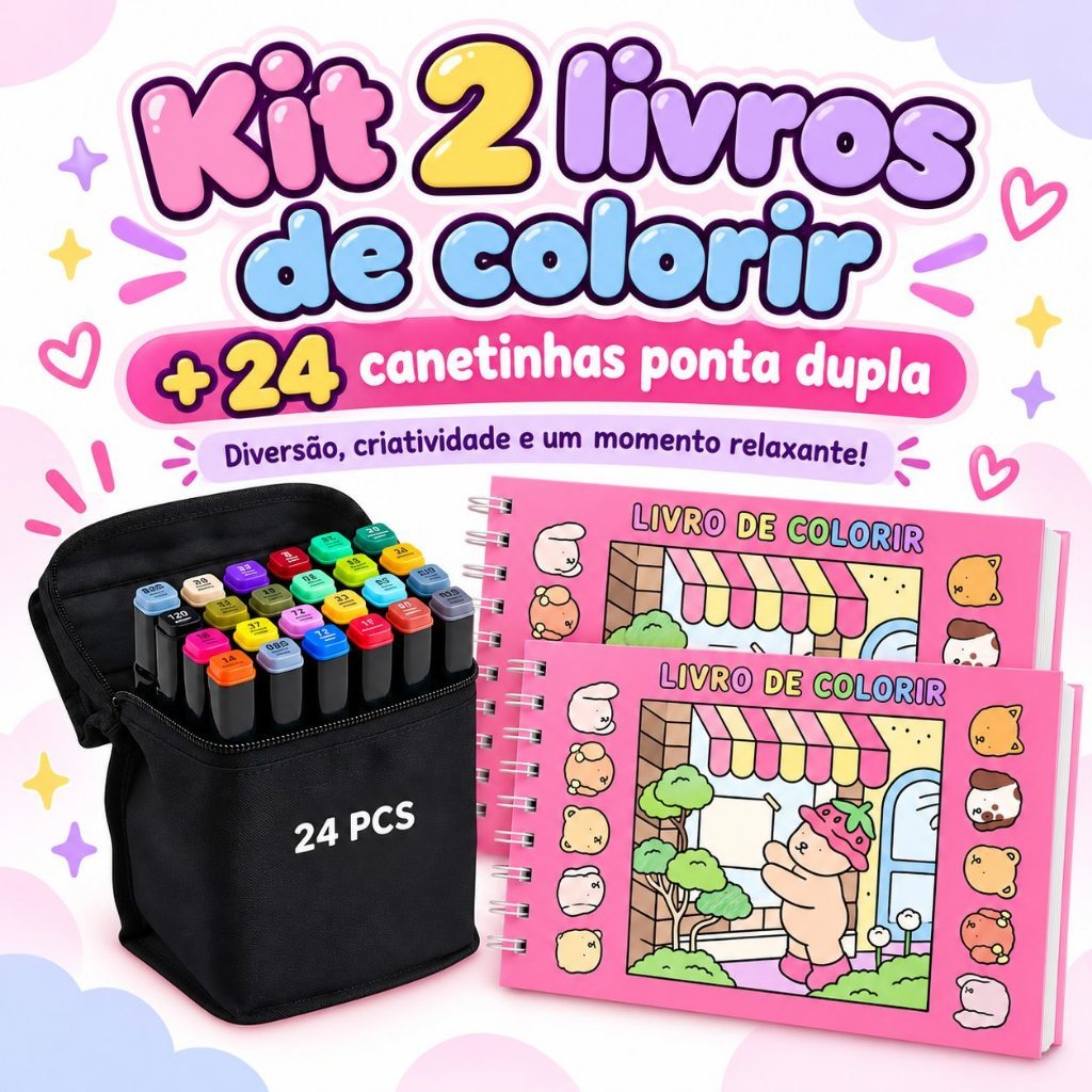 Kit 2 Livros de Colorir Capa Dura Holográfica 50 Folhas + 24 Canetinhas Ponta Dupla Bob