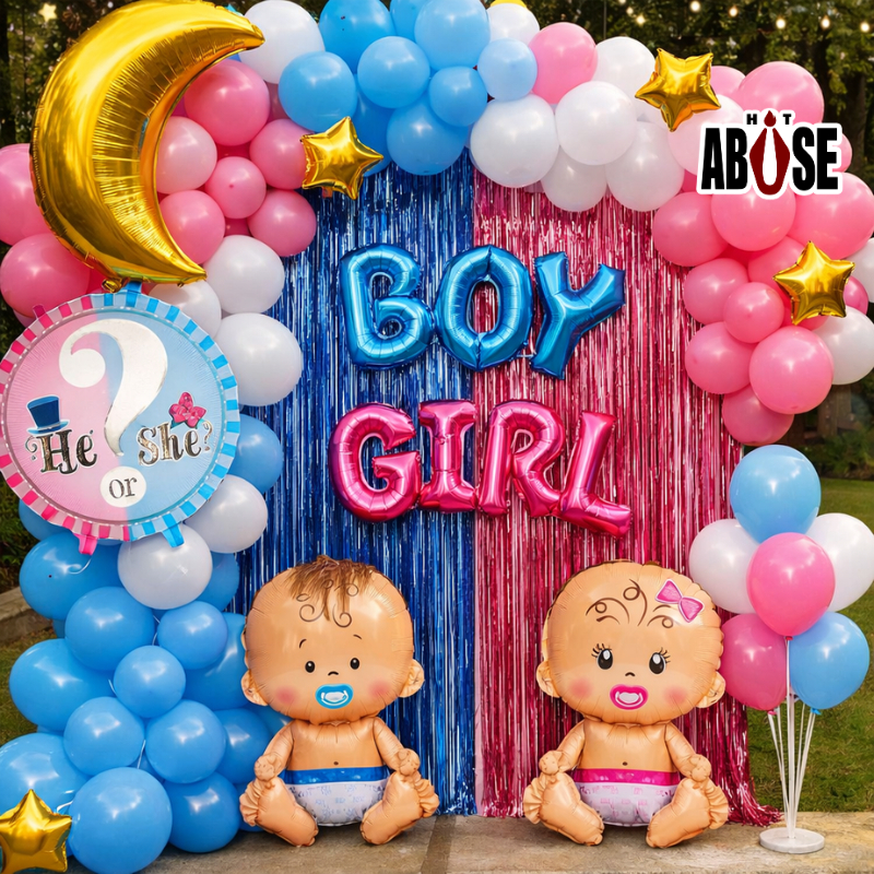 Kit Chá Revelação Decoração Bebe Menino ou Menina 63 peças balões cortina azul e rosa em Oferta na Shopee
