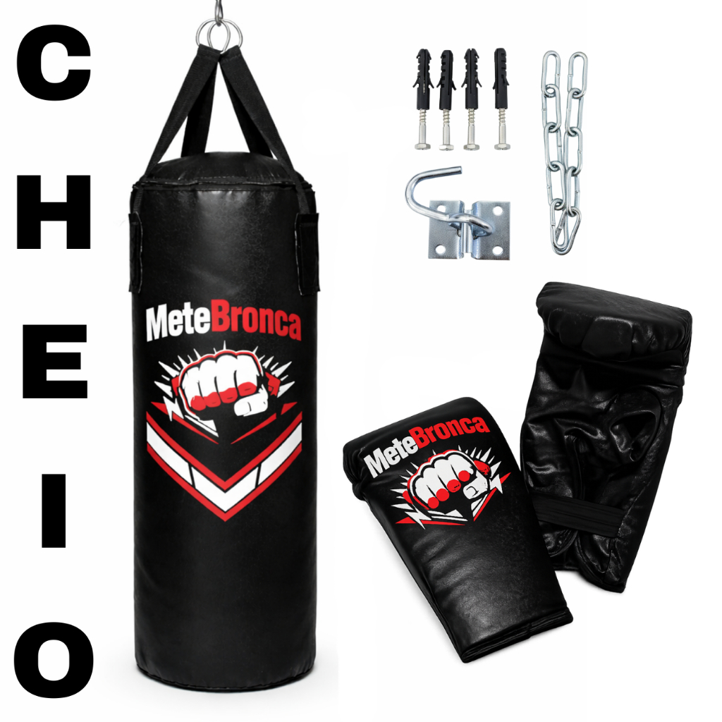 Kit Completo Saco De Pancada 70cm Cheio + Luva + Suporte de Teto Para Treinos de Boxe e Artes Marciais Mete Bronca