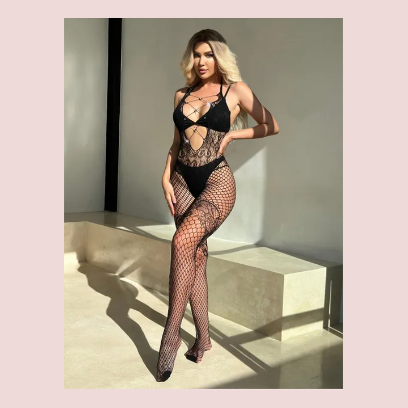 Sexy Macacão Longo Arrastão Strass Brilho Sexy Lingerie Sensual  Transparente Renda e Brilho - Lingerie Sensual 9007