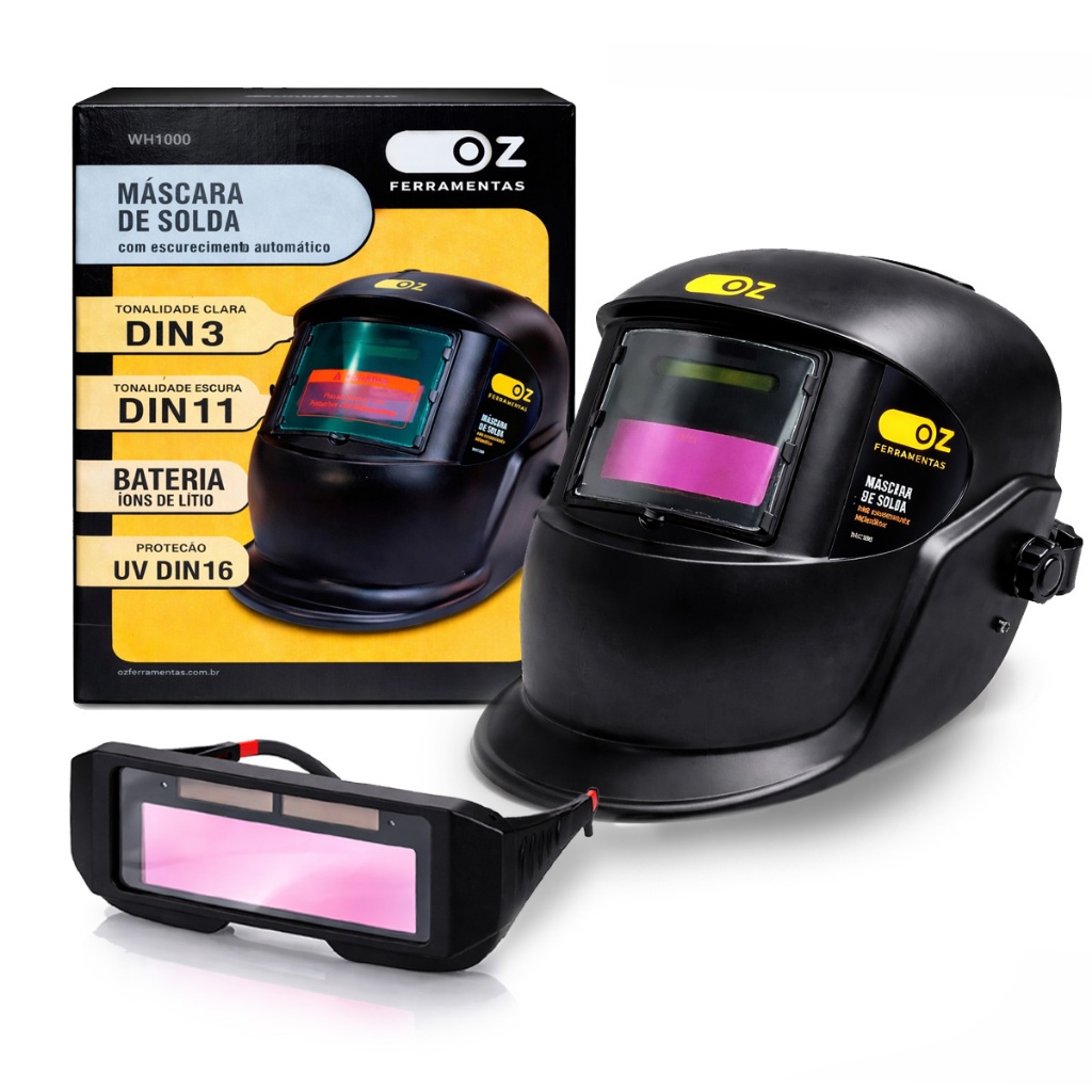 Kit Máscara De Solda Escurecimento Automático Preto Lisa E Óculos De Soldagem