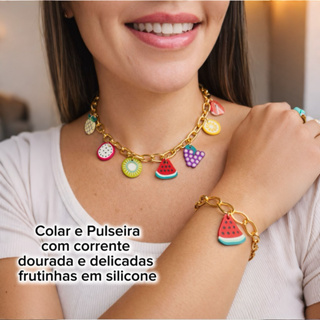 Kit Colar e Pulseira Frutinhas em Silicone – Corrente Folheada em Oferta na Shopee
