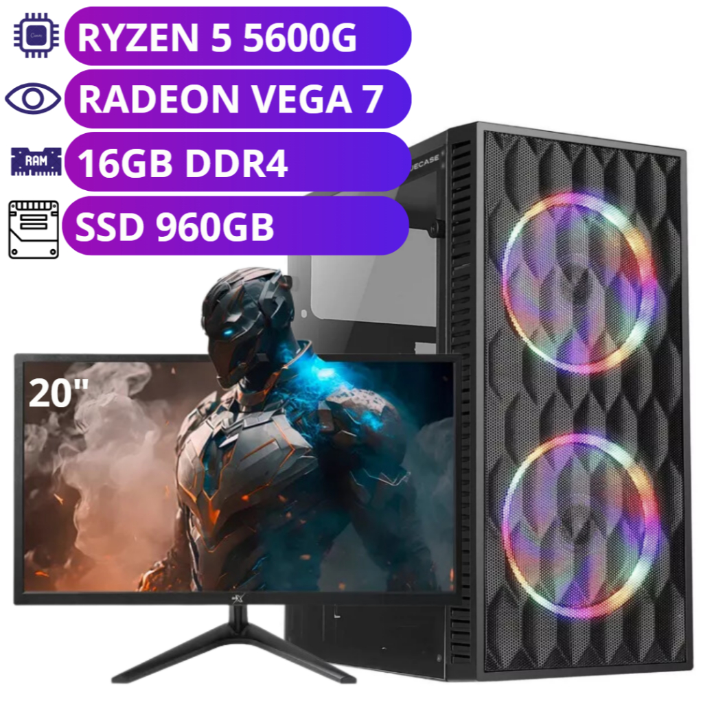 Computador Gamer Amd Ryzen 5 5600G - 16GB - 960GB - Monitor 20"