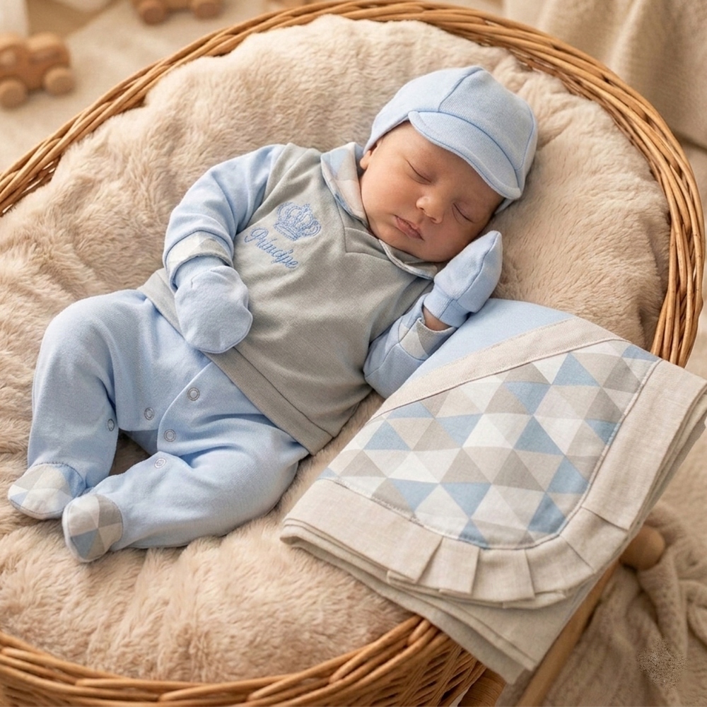 Saída de Maternidade Menino Príncipe Bordado 05 Peças