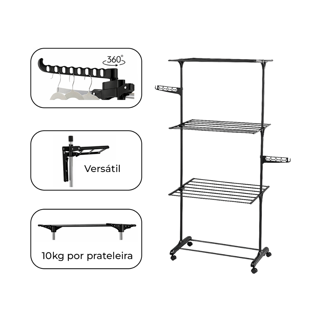 Varal Chão 160cm Dobrável Articulado 3 Andares Grande Preto Vertical Lavanderia Interno Secar  Roupa