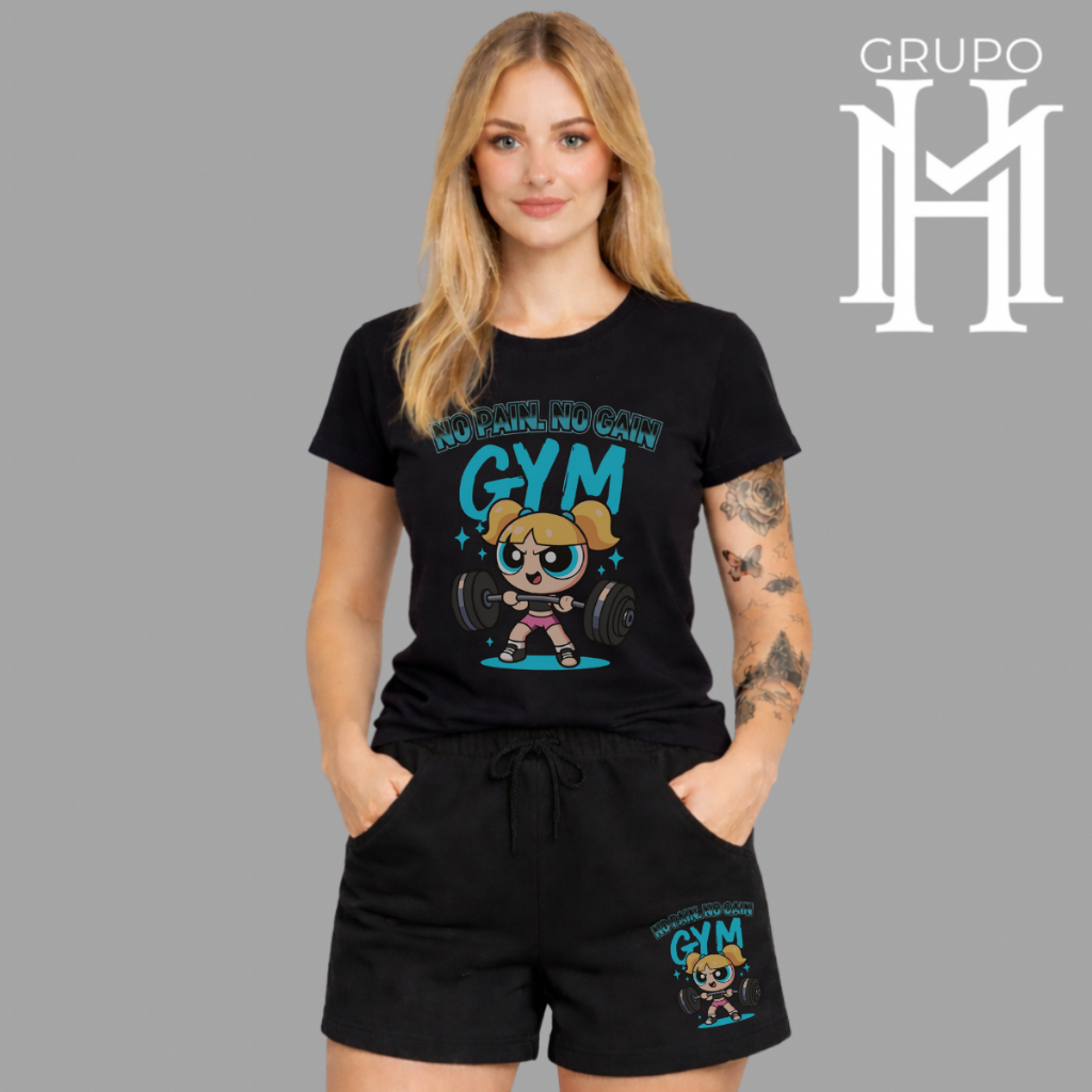 Conjunto Feminino Camiseta + Short Meninas Super Poderosas Estiloso Casual Academia Treino Verão