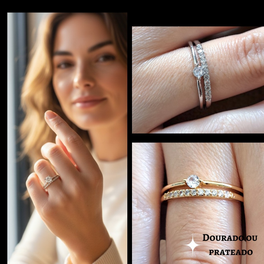 Anel Feminino Aço Banhado Ouro ou Prata–Meia Aliança Lisa-Cravejado-Solitário 3mm-Anel Aparador