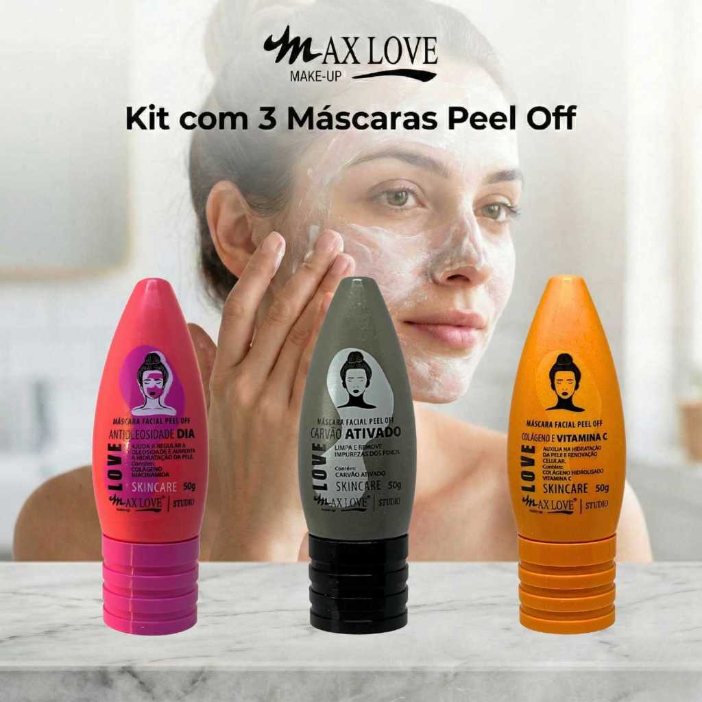 Kit com 3 Máscaras Peel Off - AntiOleosidade Dia, Carvão Ativado, Vitamina C Max Love