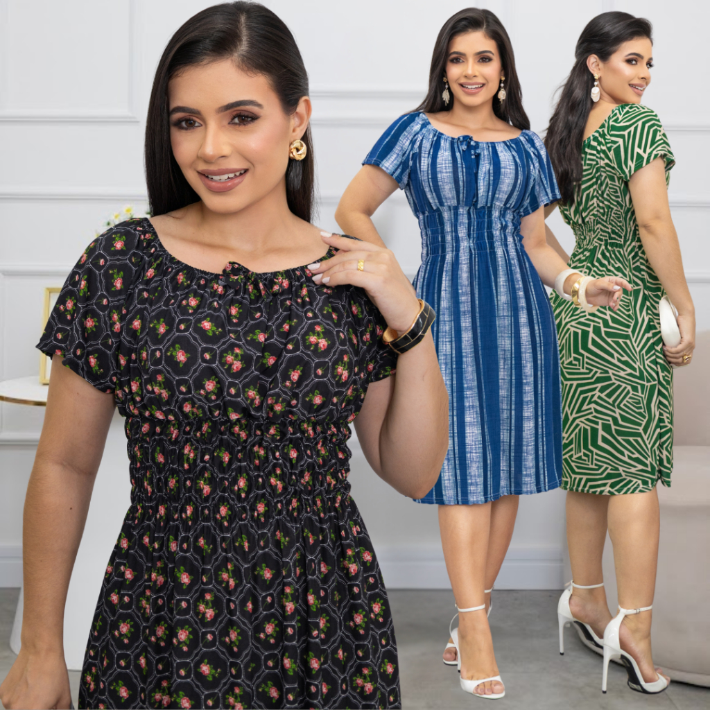 KIT 3 Vestidos Soltinho Ciganinha Liganete Estampados em Oferta na Shopee