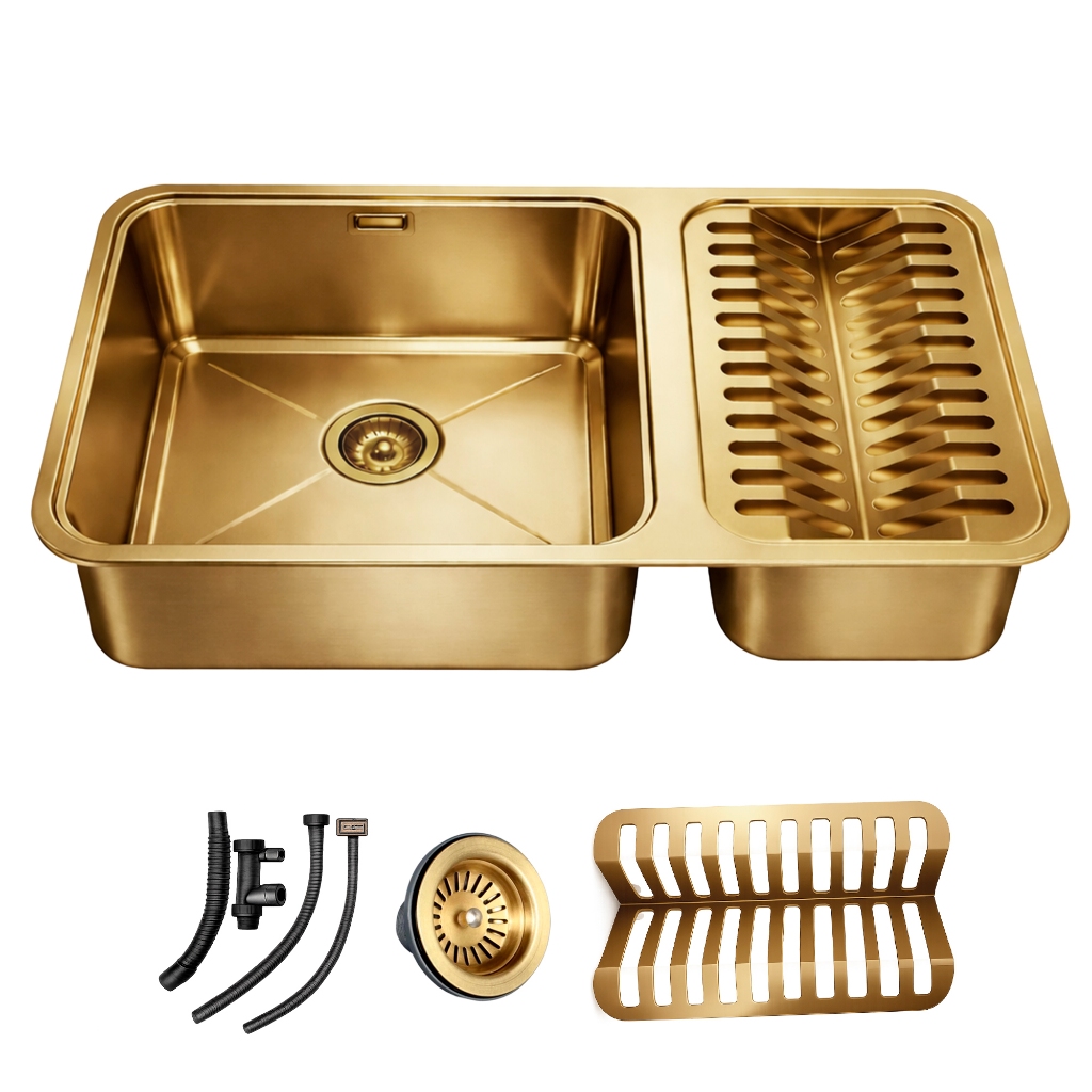Cuba Gourmet de Cozinha 64x40 com Calha Úmida Pia Luxo Aço Inox 304 Escovada Dourada Brinovar