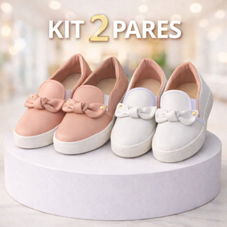 Kit 2 Pares Tênis Feminino Com Laço Slip On Casual Confortável Sapatilha Moderno Solado Antiderrapante em Oferta na Shopee