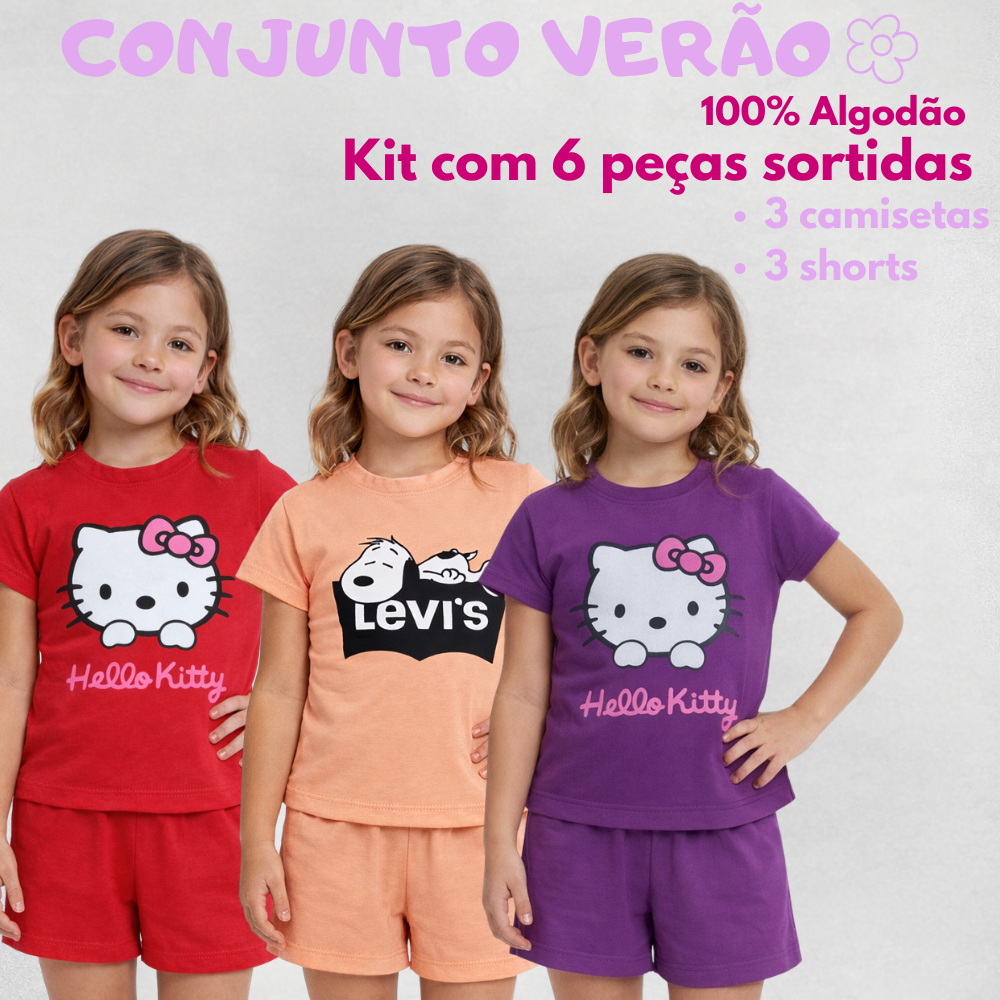 Kit Conjunto Infantil Feminino Estampado Hello Kit Levis Minnie 100% Algodão Verão Moda