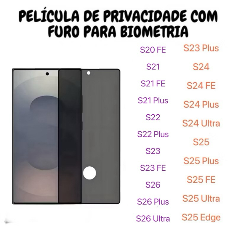 Película de vidro 3D Privacidade COM FURO Anti Spy Para Samsung Galaxy S26 S25 S24 S23 S22 S21 S20 FE Plus Ultra Edge em Oferta na Shopee