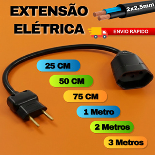 Extensão Reforçada 25cm/50cm/1m/3m Cabo Grosso PP 2x2,5 Reforçado Preto | Bivolt 110/220 em Oferta na Shopee