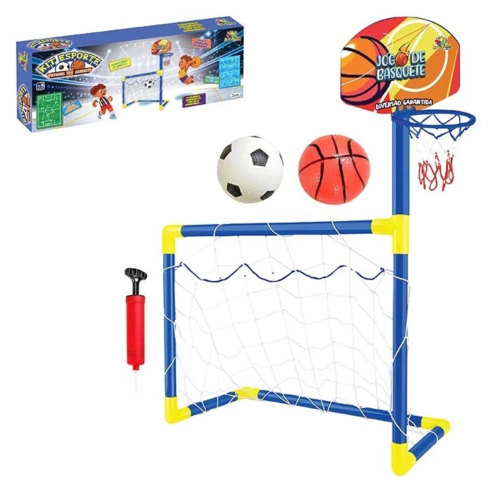 Kit Esporte 2 em 1 Infantil – Trave de Futebol + Basquete com Bola e Bomba – Art Brink