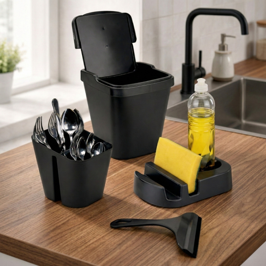 Kit Pia Elegance Lixeira 4,8 litros + Porta Detergente + Rodo de Pia + Porta Tralher em Oferta na Shopee