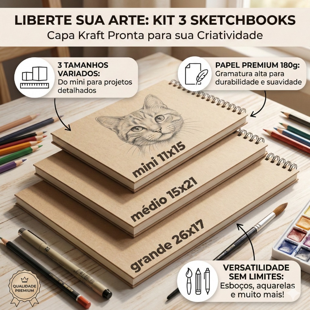 Kit 3 Sketchbook Caderno de Desenho 180g Desenhe sua CAPA