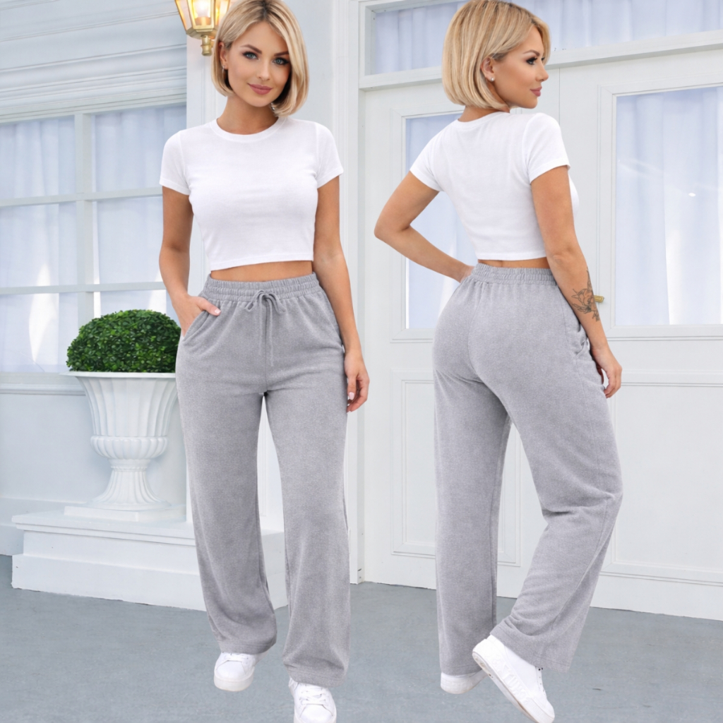 Calça Pantalona Feminina Cintura Alta Com Bolso Tecido Lanzinha