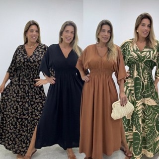 Vestido Longo Estampado em Viscose com Lastex e Manga Caftan em Oferta na Shopee