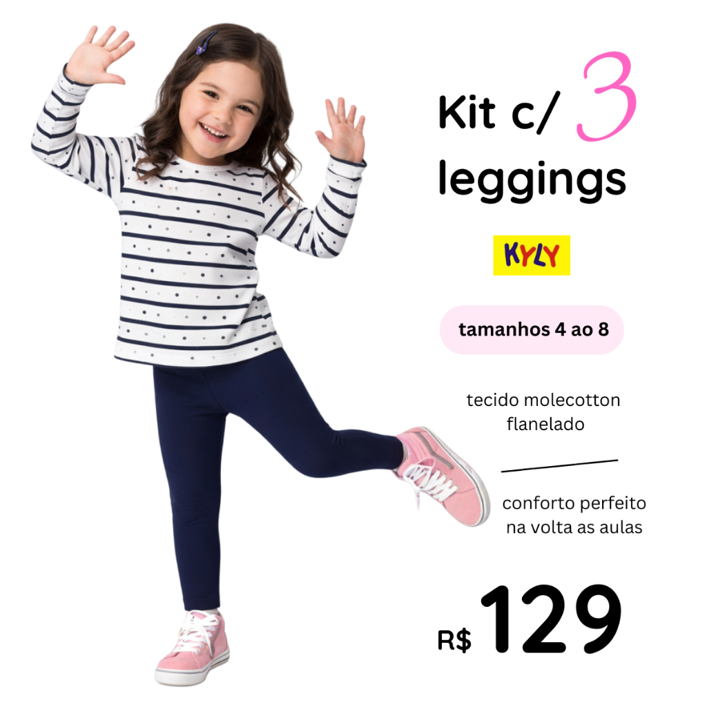 Kit infantil com 3 Leggings flanelada Kyly tamanhos 4 ao 8 9000239