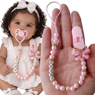 Prendedor chupeta bico personalizado borboleta flor menina infantil bebê batizado aniversário pérola rosa em Oferta na Shopee