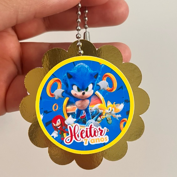 TAG APLIQUE 3D PERSONALIZADA SONIC 6 CM | COM CORRENTINHA | LEMBRANCINHA INFANTIL ANIVERSÁRIO
