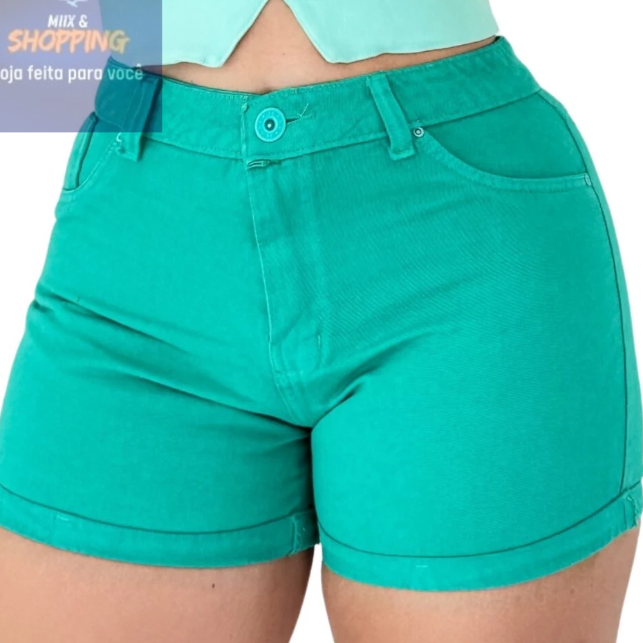 Short Jeans Feminino Cintura Alta Barra Dobrada  Short Sarja Feminino Verde Esmeralda 💚
