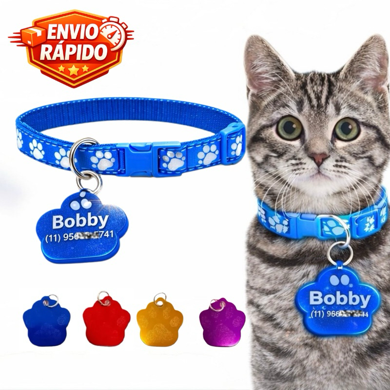 Pingente Identificação Pet Personalizado a Laser Coleira Plaquinha Cachorro Gato Nome e Telefone