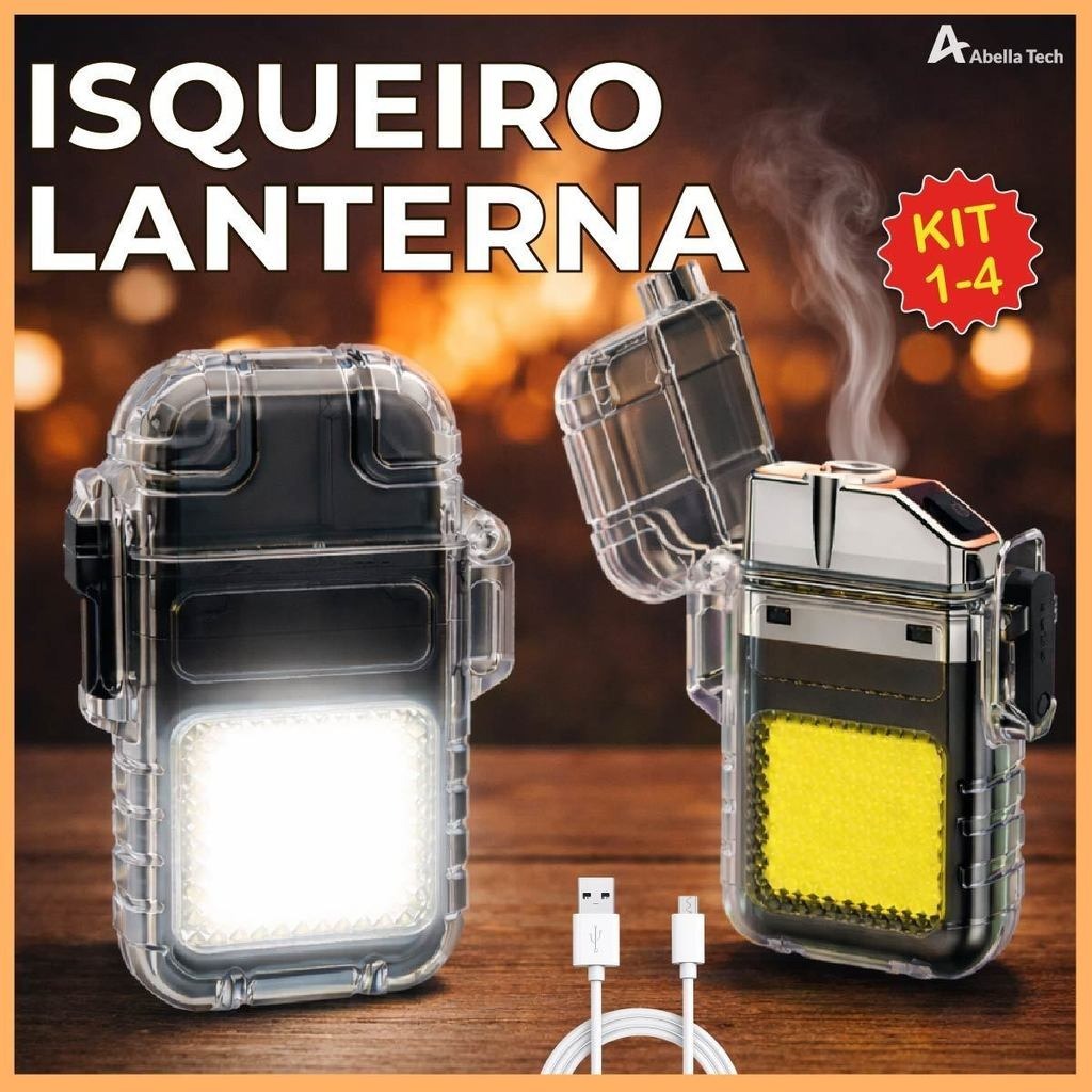 Isqueiro Elétrico de Plasma À Prova D'água Recarregável USB com Lanterna LED Sobrevivência Camping