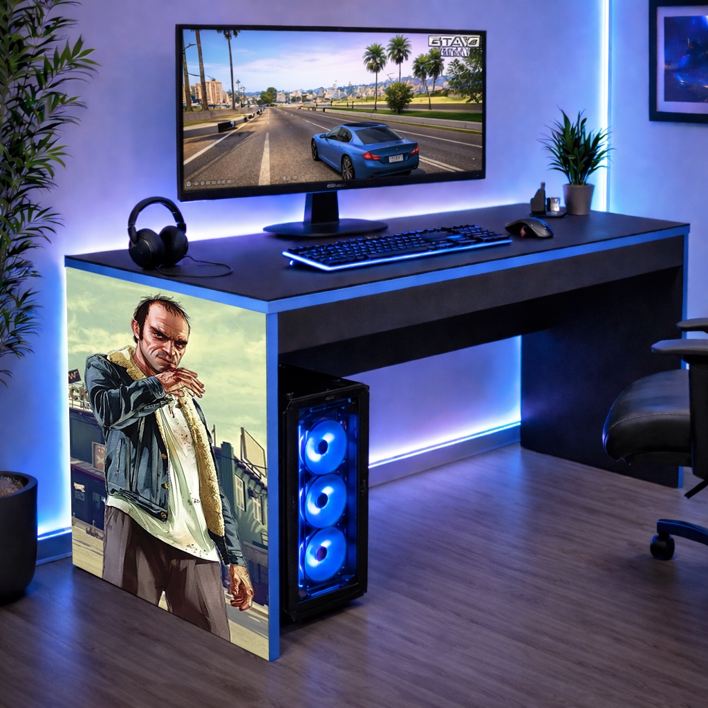 Mesa Escrivaninha Mesinha Gamer com Borda Azul infantil Quarto Jogos GTA 5 Grand Theft Auto 90 CM