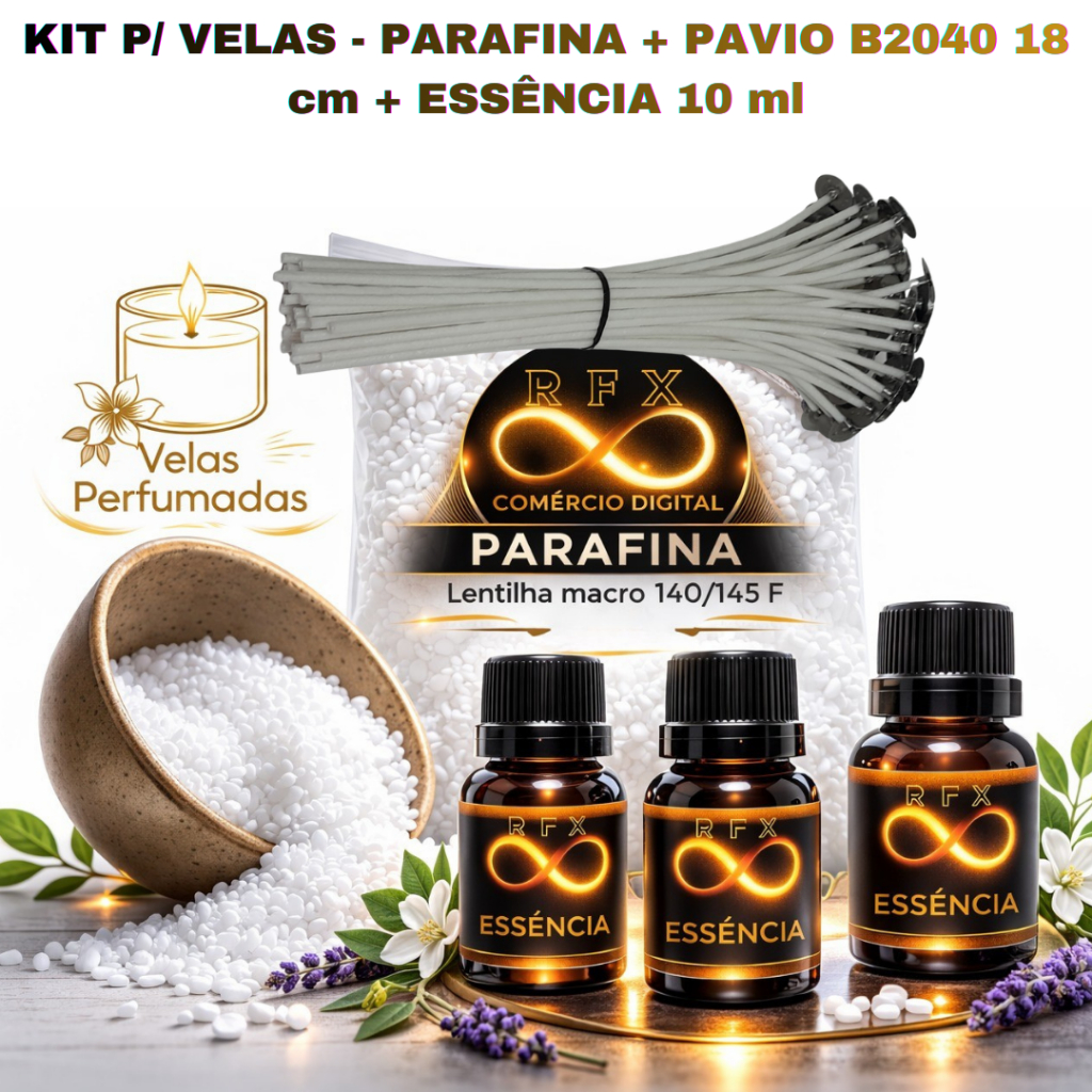 Kit parafina 1Kg + 50 pavio 3mm 18 cm B2040 + Essência p/ velas 10ml em Oferta na Shopee