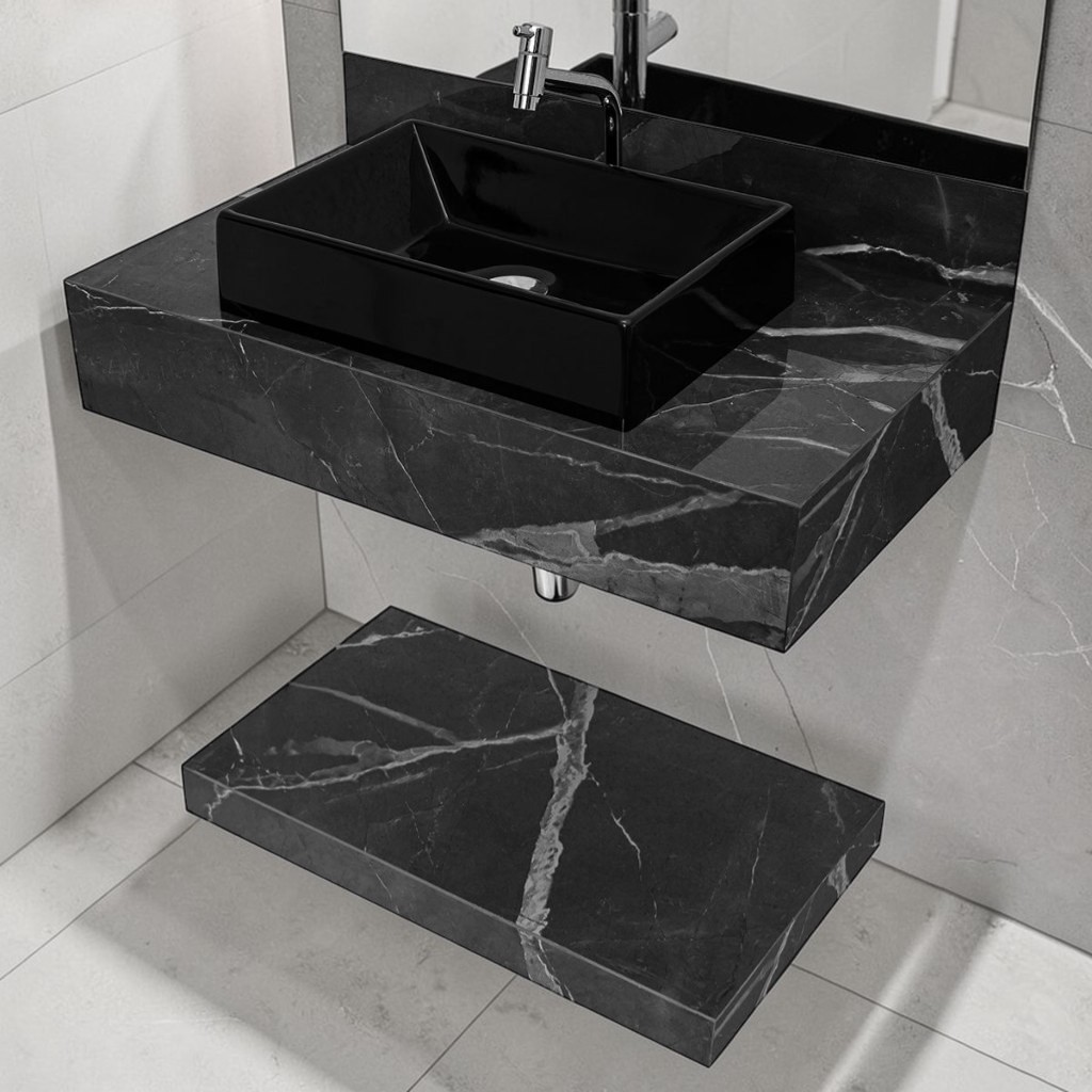 Kit Completo Bancada Cuba Sobreposta Com Torneira Banheiro Calacata Black em Porcelanato