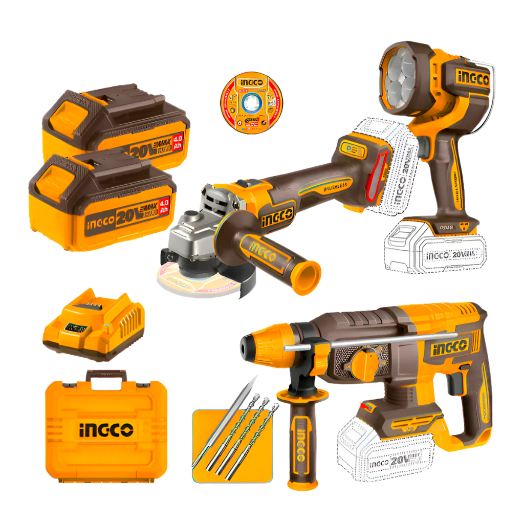 Combo INGCO 20V Brushless Esmerilhadeira Martelete Lanterna 2000LM 2 Baterias 4Ah COSLI2501839