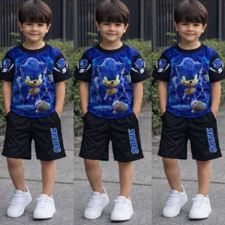 Roupa Infantil Masculina do Sonic Conjunto de Verão Camisa e Bermuda Look Festivo Moda Casual Tecido Leve e Fresco