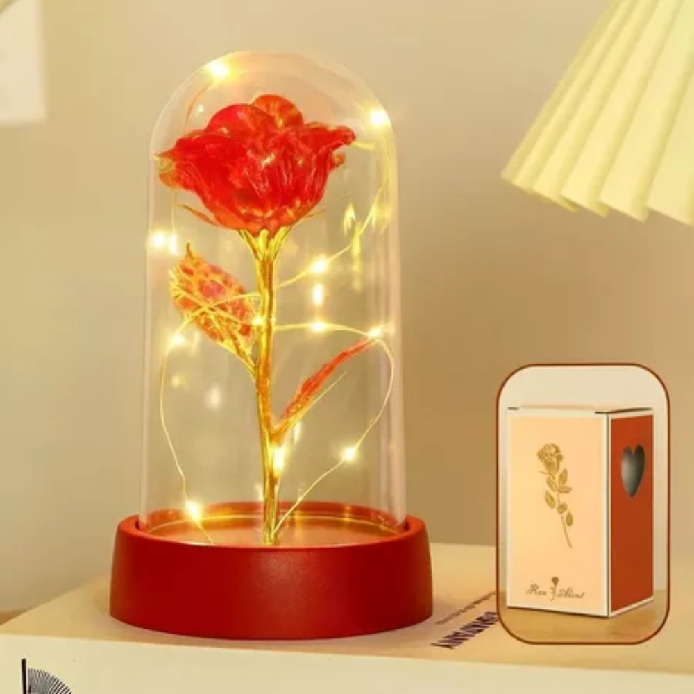 Rosa Encantada Novo Com Luz LED-Flor Eterna Decorativa em Cúpula de Acrílico / Brilha Estrelinha