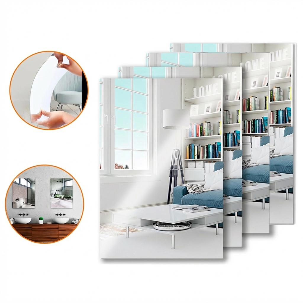 Kit 1 a 4 Espelhos Auto Adesivo Acrílico Decorativo 20x30 Retangulares Ovais