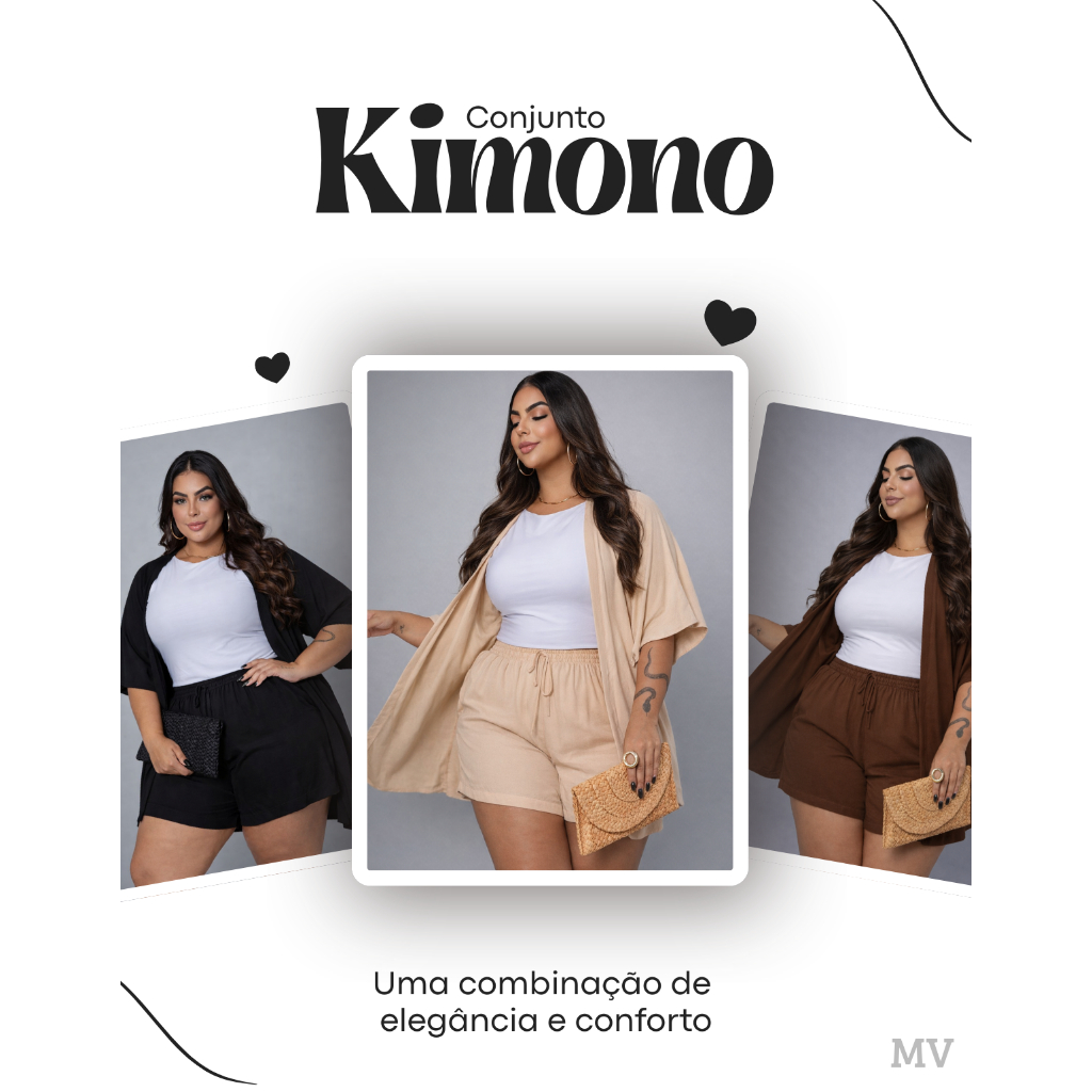 Conjunto 2 Peças Plus Size Kimono + Short Solto Liso Veste GG 46-48 EXG 48-50 Preto Nude Marrom Amarelo Laranja em Oferta na Shopee