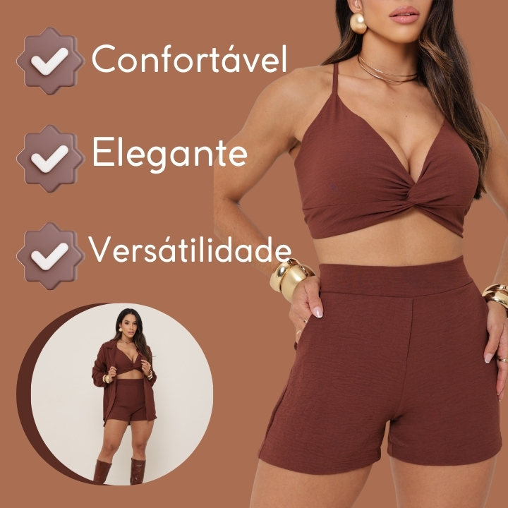 Conjunto Feminino 3 Peças Camisa Cropped e Short Social Verão Casual Chic