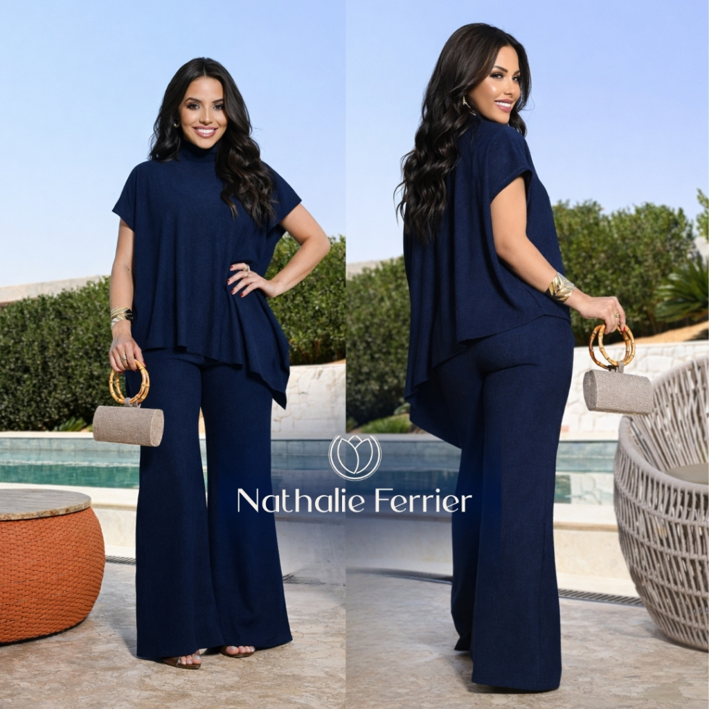 Conjunto Feminino Assimétrico Canelado Gola Alta Elegante Confortável em Oferta na Shopee