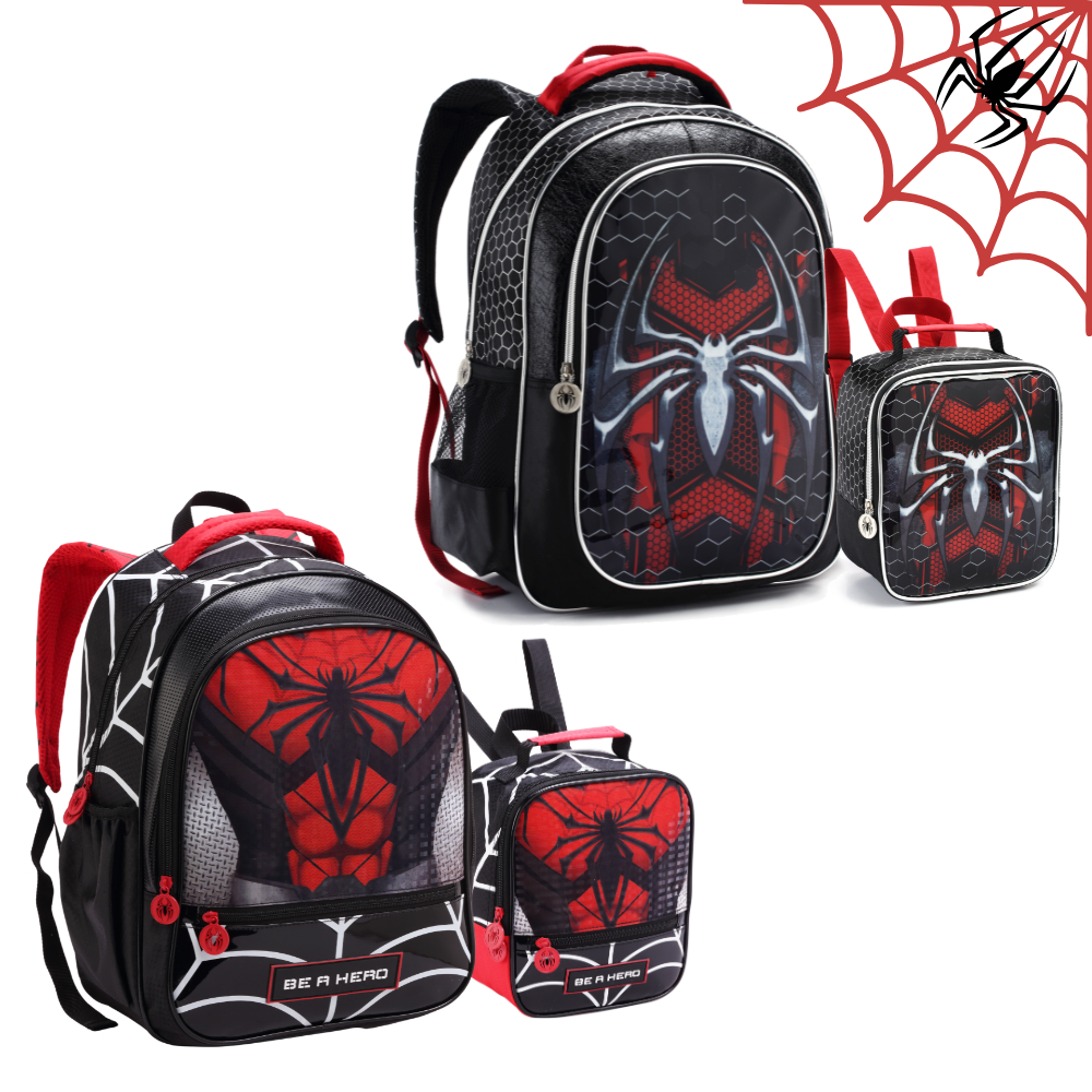 Mochila Infantil Menino Spider Aranha Dark Masculina Grande Escolar com Lancheira Térmica Reforçada
