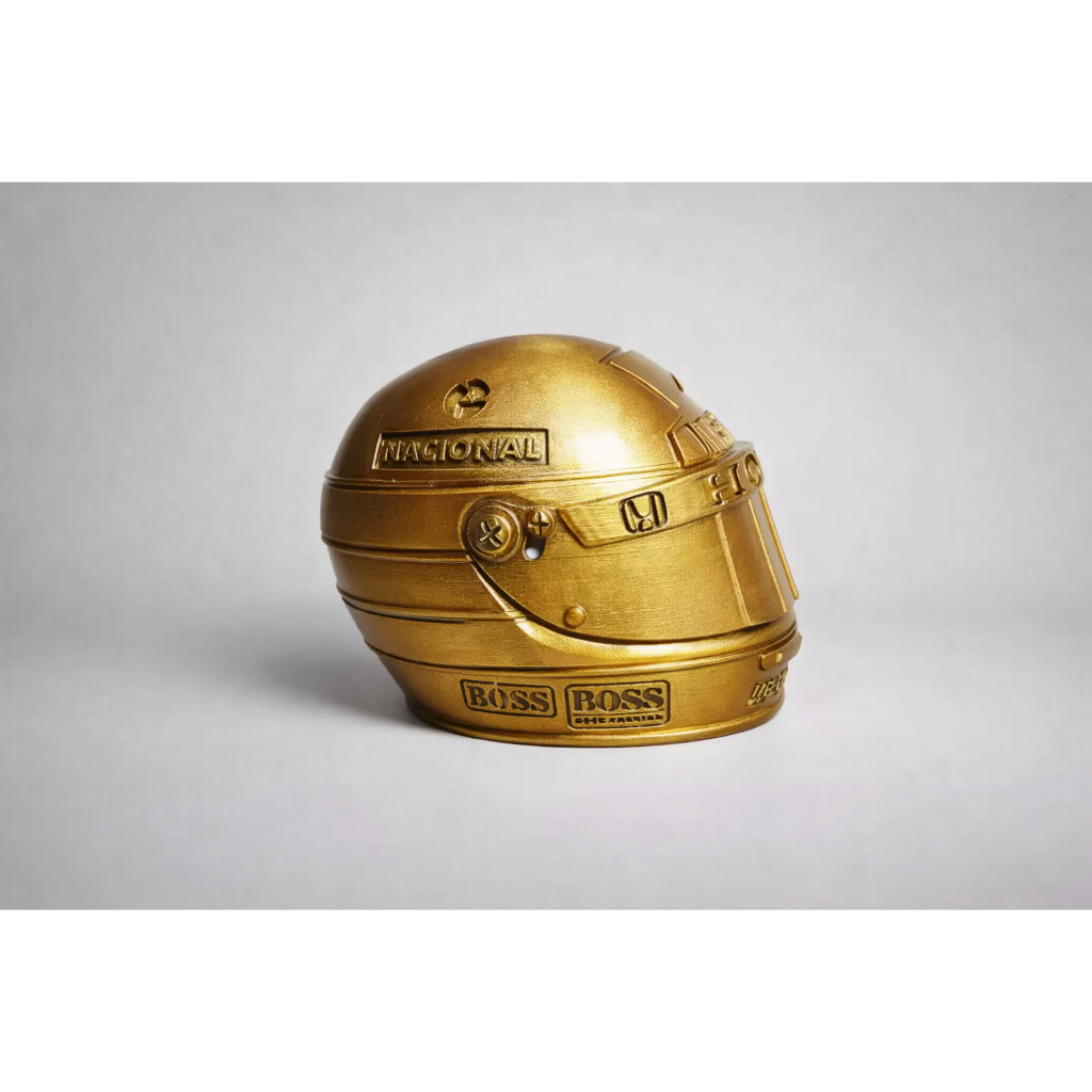 Capacete Ayrton Senna Decorativo Dourado 15cm – Réplica Estilo Racing Premium