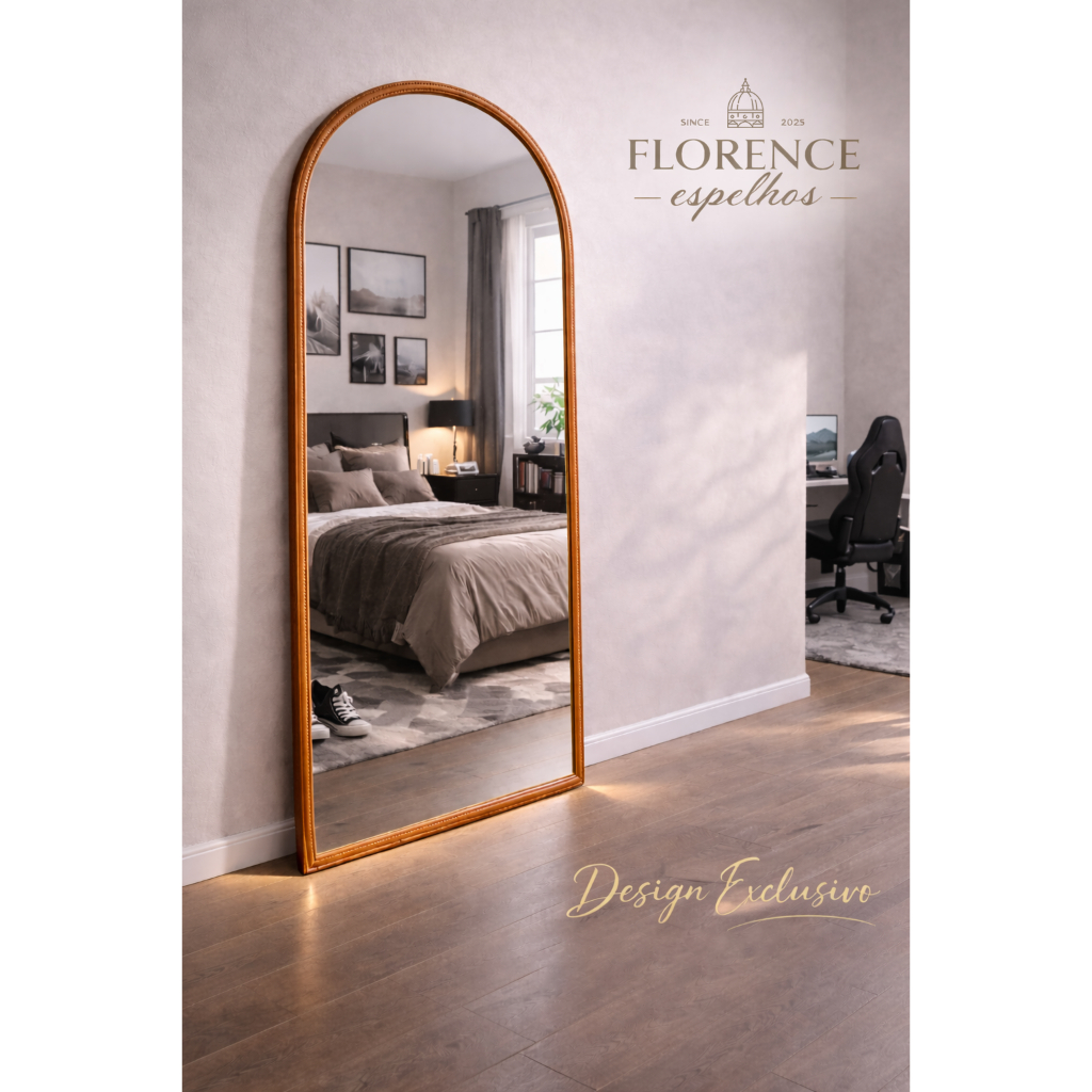 Espelho Verona Oval Base Reta Corpo Inteiro Com Moldura em Couro Premium 120x50 Sala Quarto