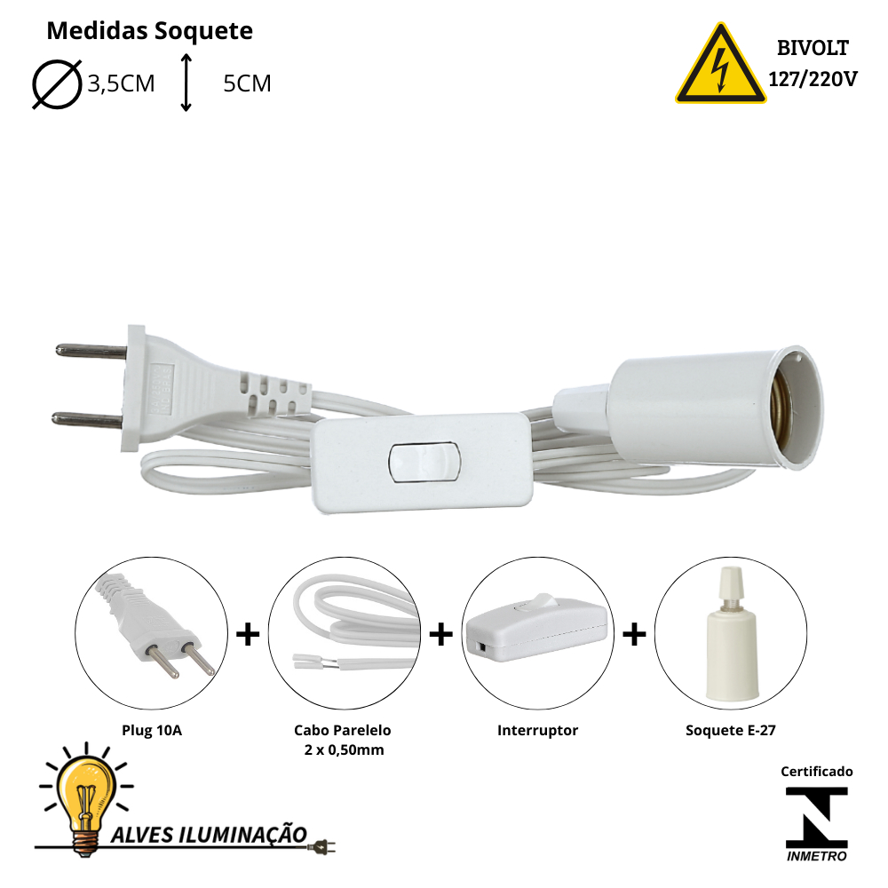 Kit 3 Cordões de Abajur Cabo Rabicho Com Soquete Liso E27 Bivolt Completo Disponível em Vários Tamanhos em Oferta na Shopee