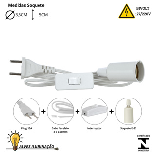 Cordão de Abajur Cabo Rabicho Com Soquete Liso E27 Bivolt Completo Disponível em Vários Tamanhos em Oferta na Shopee