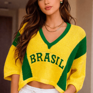 Blusa Feminina Cropped Manga 3 Quartos Brasil Copa Elegante Casual Tricot Básico em Oferta na Shopee