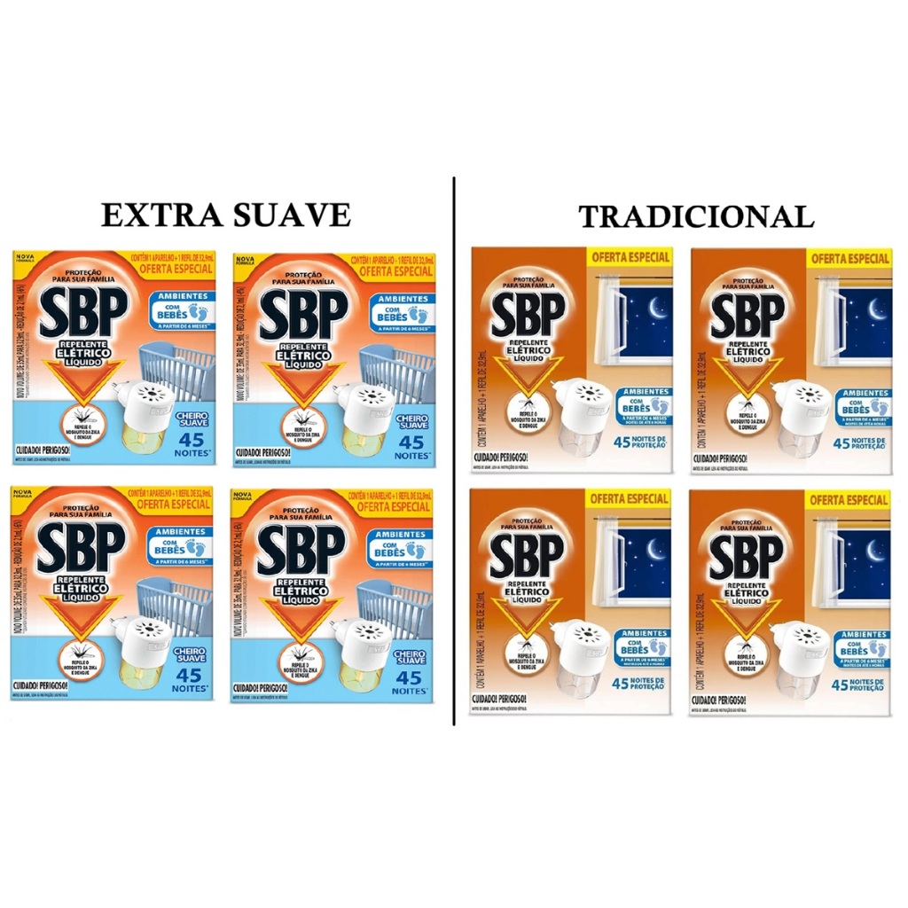 Kit 4 Aparelho Elétrico SBP + 4 Refil Repelente Líquido SBP 35ml em Oferta na Shopee