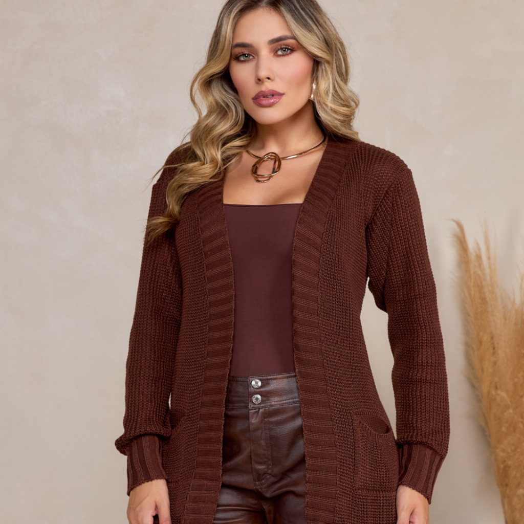 Cardigan com Bolso Tricot Feminino Elegante Fang Kimono Trico Casaco Frio Inverno Manga Longa Liso