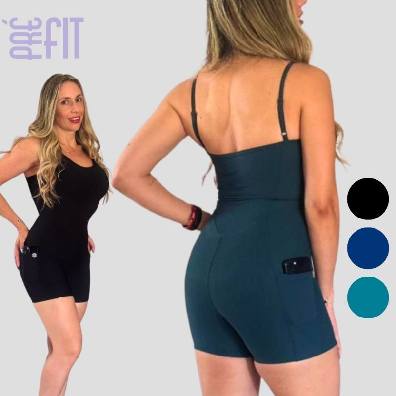 Macaquinho Feminino Curto com Bolsos Laterais Fitness Poliamida Canelado roupa de academia feminina