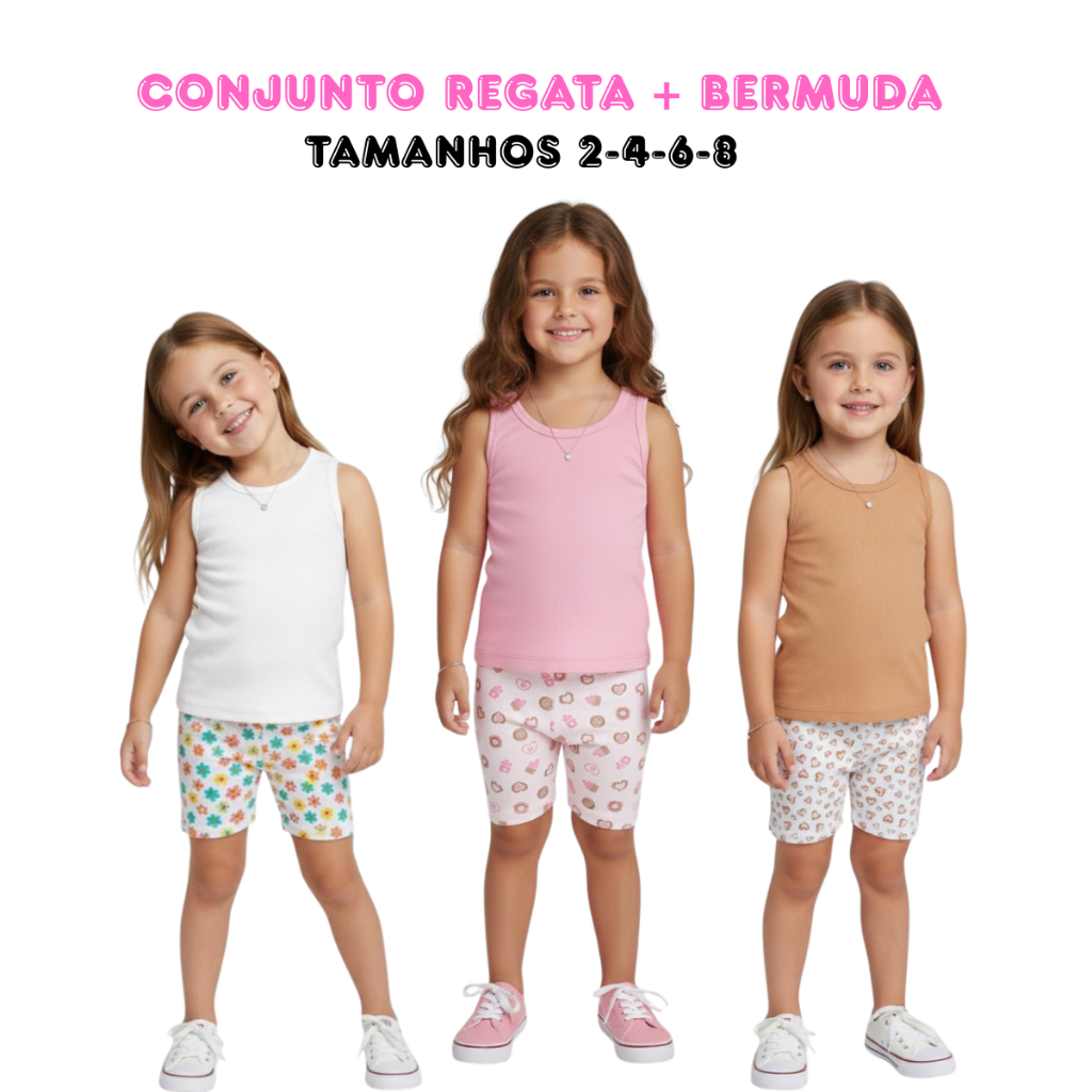 Conjunto Roupa Infantil Menina Feminino Verão Regata Ribana + Bermuda Ciclista Estampada