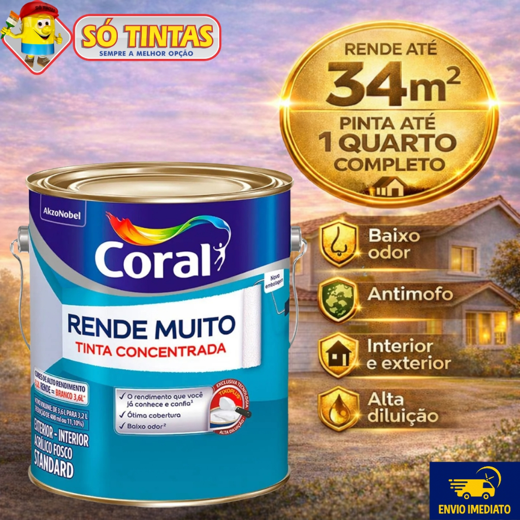 Tinta Acrílica Coral Rende Muito 3,2L e 3,6L Fosca Lavável Standard Rendimento Secagem Rápida, Cores